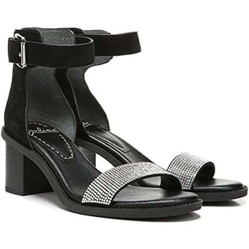 ZODIAC Sandals Size 7.5 Black Leather Ankle-Strap Zip Block-Heel Rhinestone